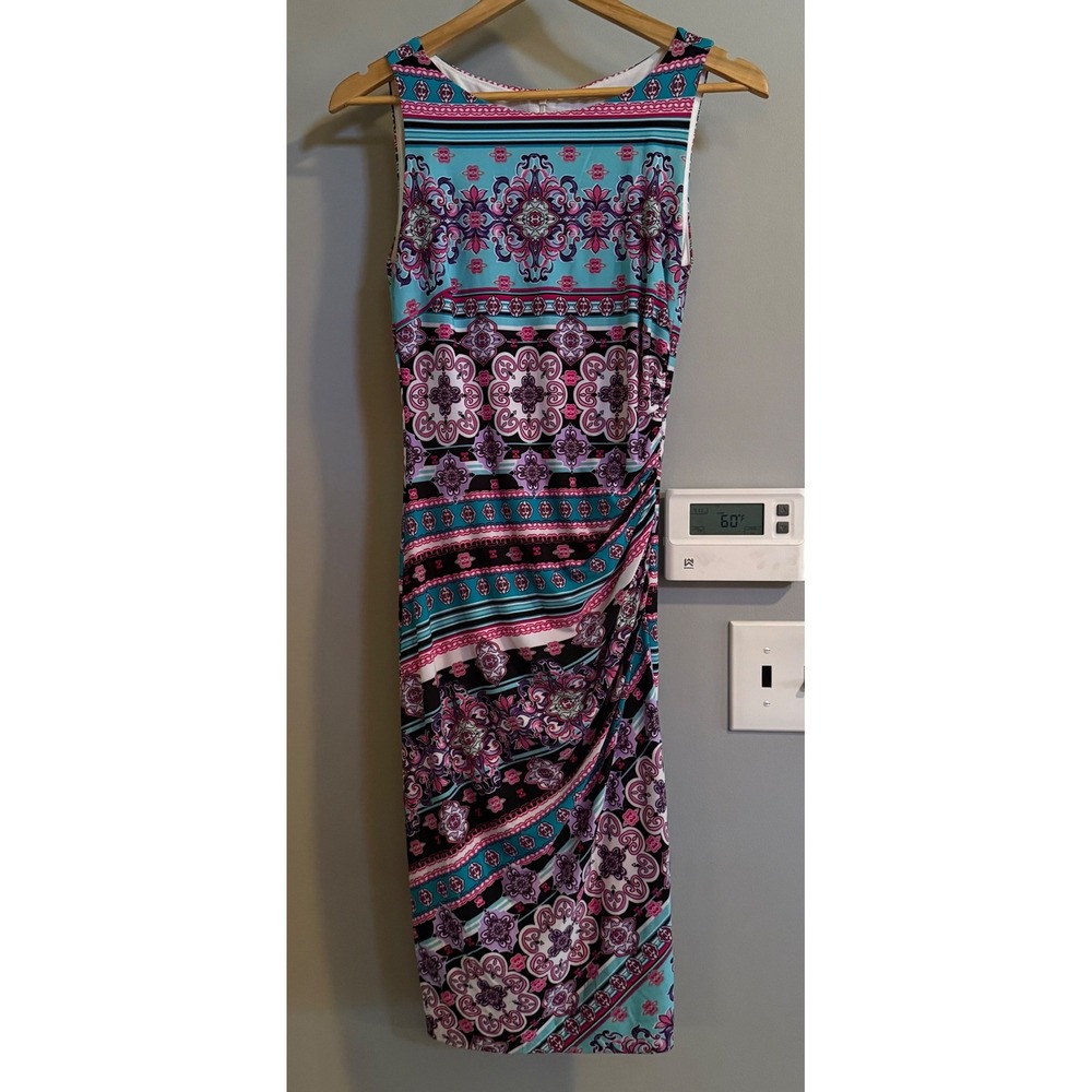 Cache Sheath Dress Women Size 0 Multi Geometric Ruched Sleeveless Bodycon 4573